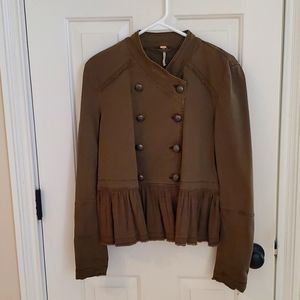 Free People olive khaki ruffled military double breasted short jacket,  size SP